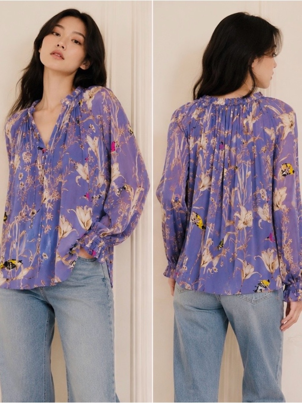 Banana Republic Lavender Floral Bird Tie-Neck Blouse